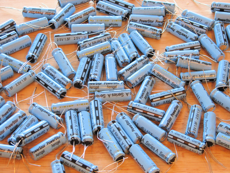 Figure 2 — Supercapacitors (here Eaton PowerStor "Aerogel" cells). These are measured in whole farads, not microfarads — a scale of capacitance the rest of the capacitor world never reaches, achiev…