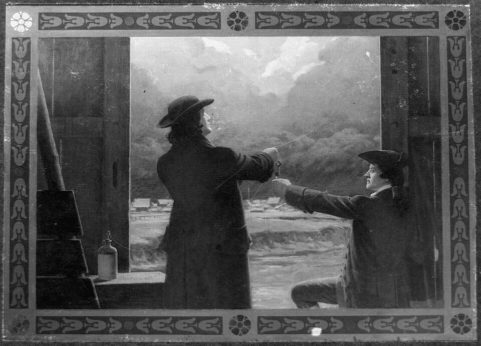 Figure 4 — Franklin's kite experiment of 1752, drawing atmospheric charge into a Leyden jar to prove that lightning was electricity. Illustration by Charles E. Mills, 1911. Source: Library of Congr…
