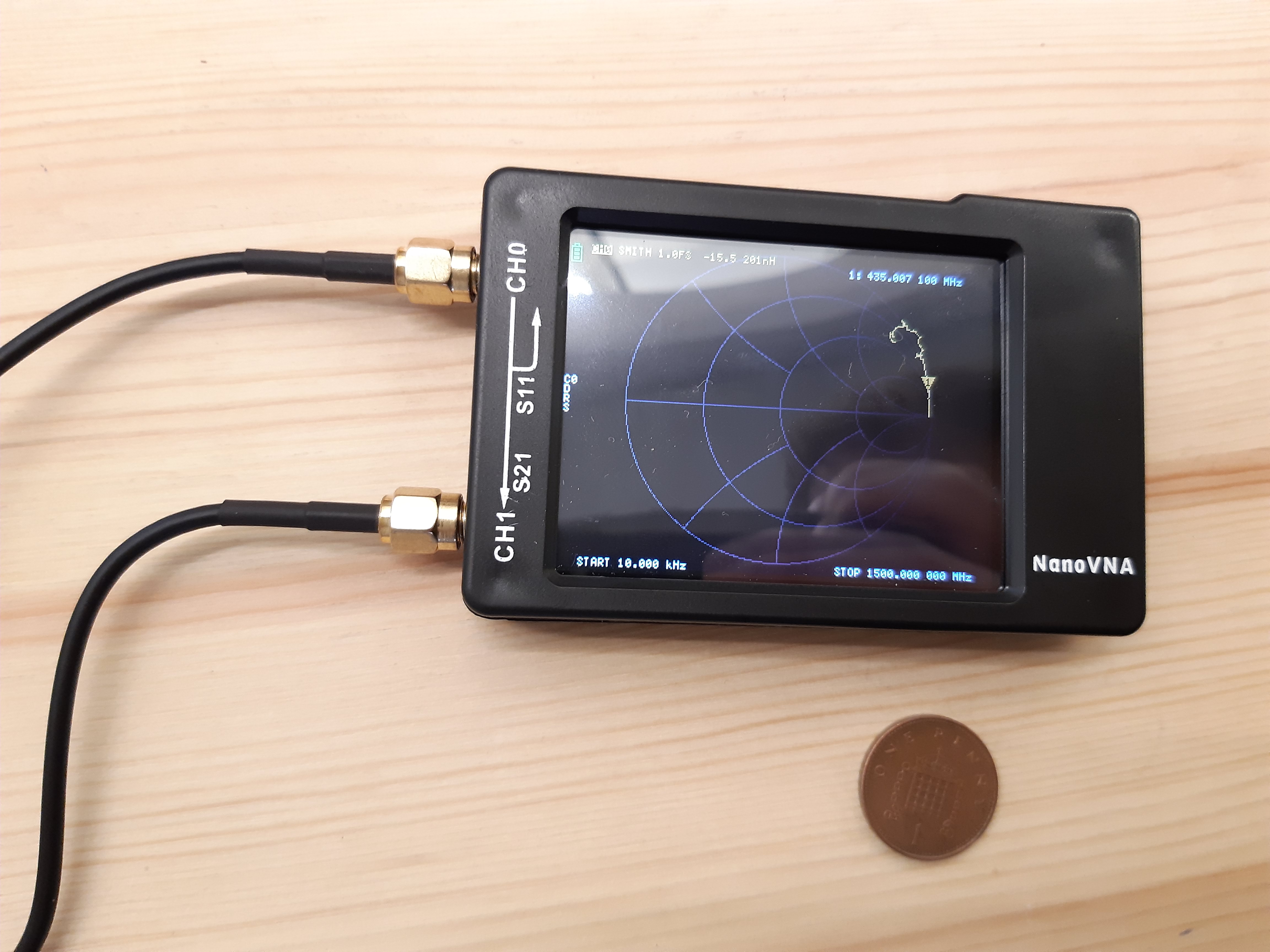 Figure 5 — A NanoVNA, an inexpensive vector network analyzer. Swept across frequency with the coil in a simple fixture, it shows the impedance peak / phase zero-crossing that marks SRF, and can ext…