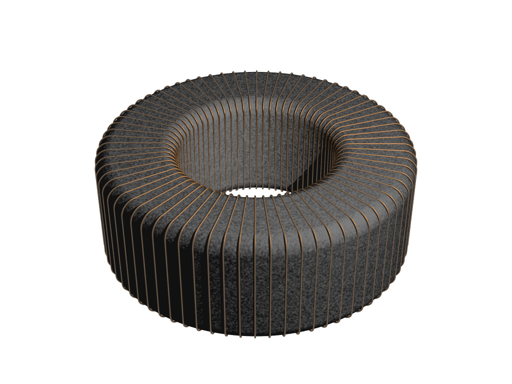 Figure 5 — A toroidal inductor wound as a single even layer spread around the ring — the physical form of Project 2. The closed magnetic path contains the field, and spreading the turns keeps self-…