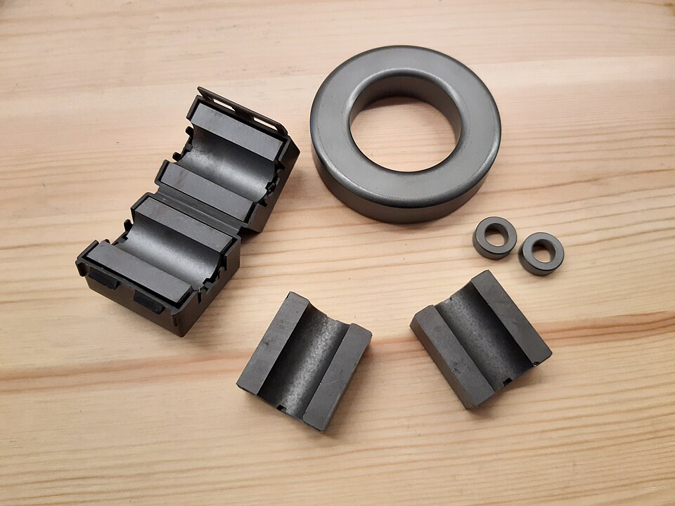 Figure 4 — Nickel-zinc ferrite toroids and clamp-on cores of the kind used for RF chokes and interference suppression. Source: Wikimedia Commons (User:Elgull), CC BY-SA 4.0.