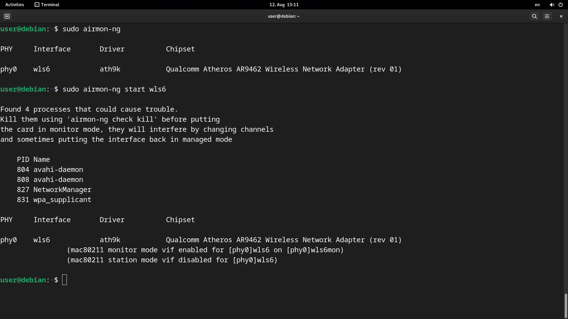 Figure 2 — Output of airmon-ng enabling monitor mode on a Wi-Fi adapter — the canonical first command of any practical Wi-Fi audit workflow. The "monitor mode enabled" line is the gate every subsequent captur…