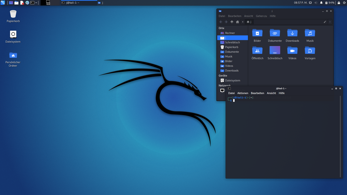 Figure 4 — Kali Linux 2021.2 desktop running the Xfce desktop environment. Kali is the canonical pentest-distribution Linux build, maintained by Offensive Security; it ships with several hundred pre-configure…