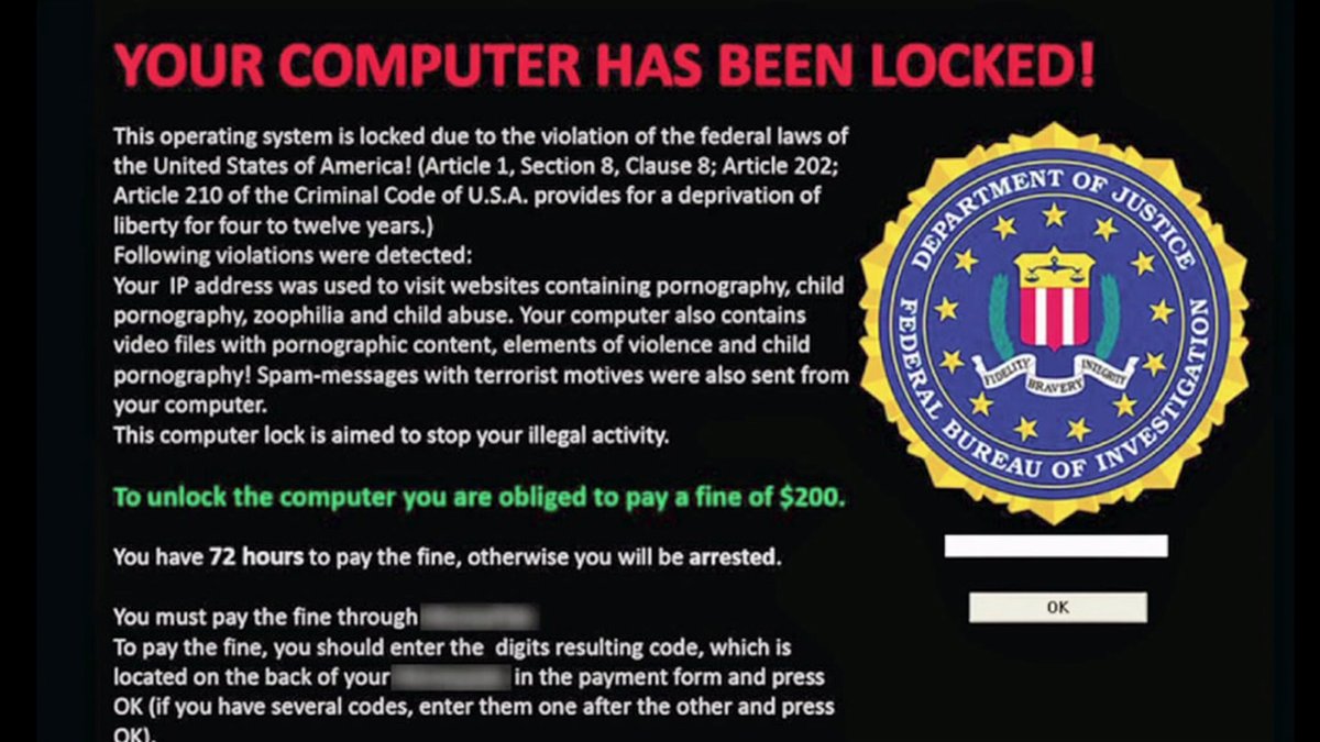 Figure 3 — A ransomware-attack ransom-note screen — the visual signature of the genre. Generic illustrative screenshot; the user-facing pattern (full-screen lock-out, payment instructions in cryptocurrency, d…