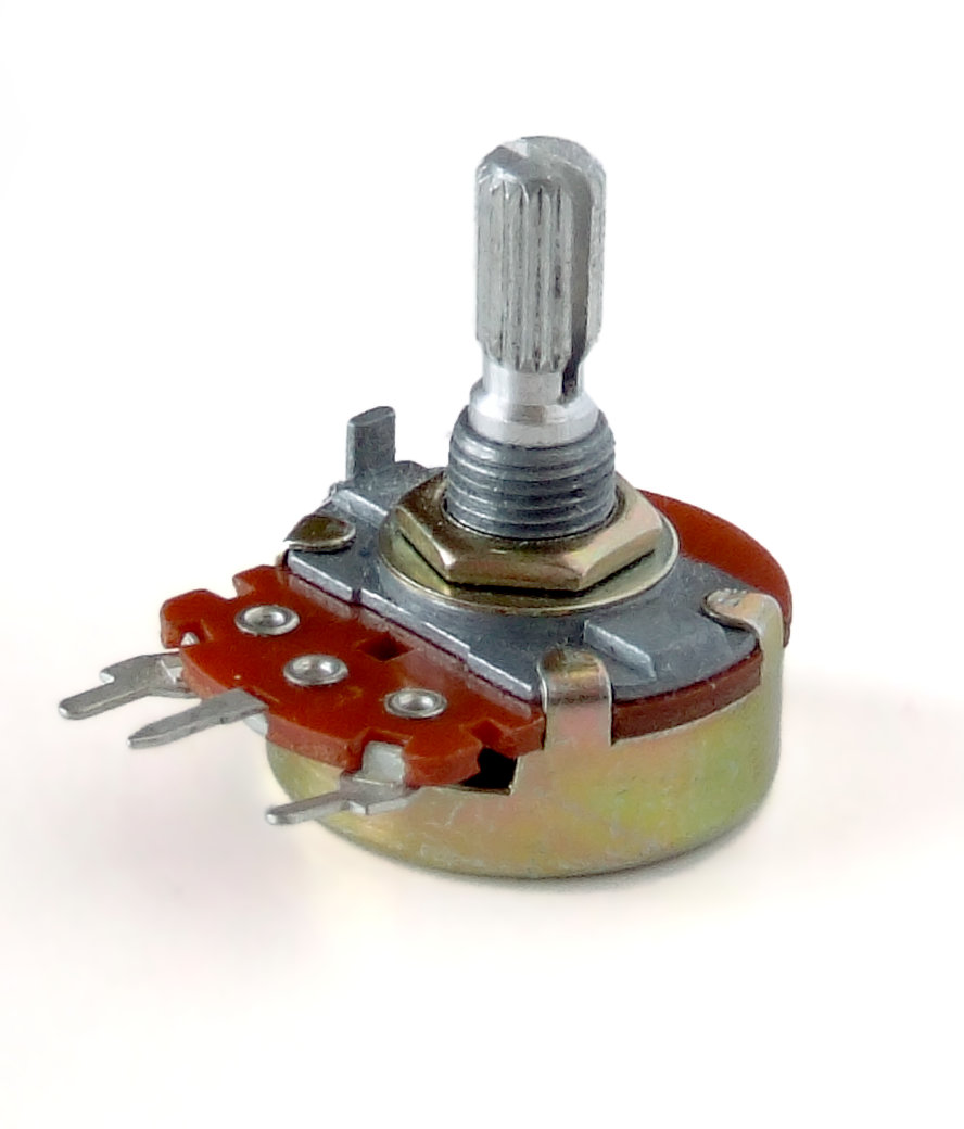 Figure 6 — A rotary single-turn panel potentiometer, the archetype. The splined metal shaft carries the wiper; the threaded bushing and nut mount it through a panel; and the three solder lugs are t…