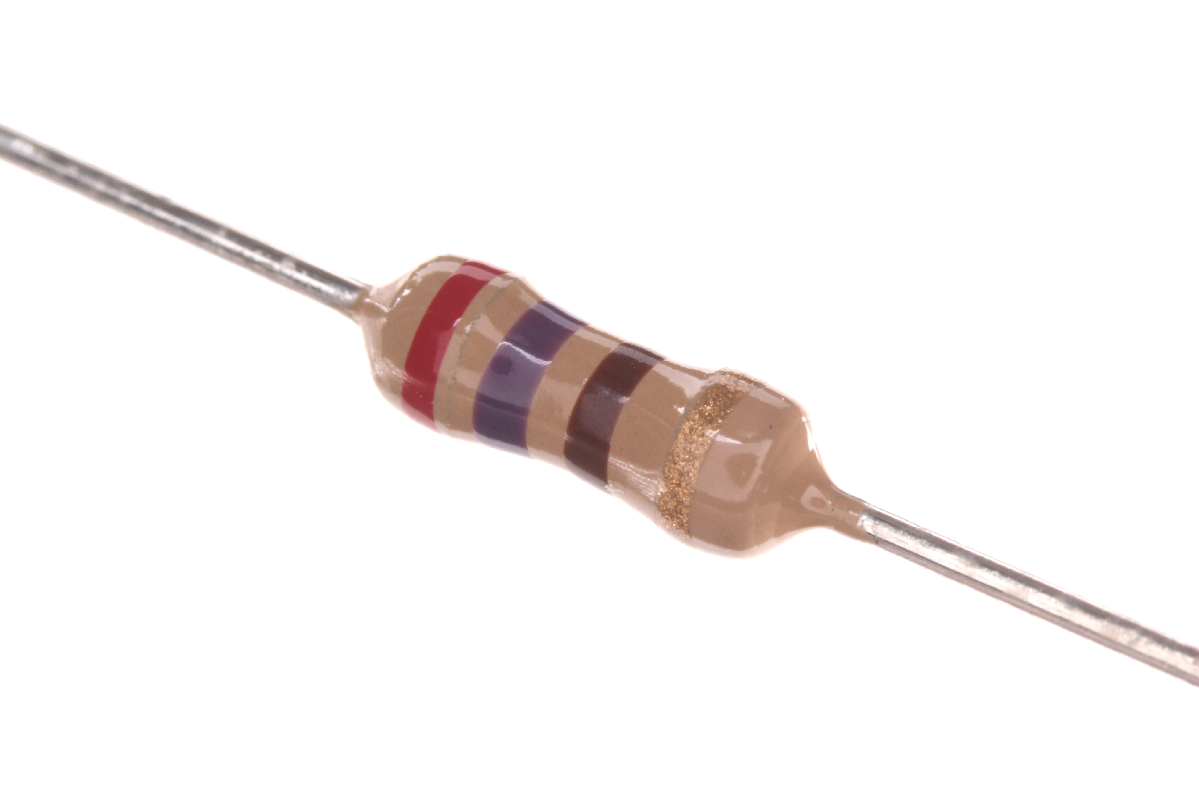 Figure 3 — A single axial-lead resistor in close-up. The tan cylindrical body carries the resistive element inside; a tinned wire lead is crimped into each end for soldering; and the painted color …