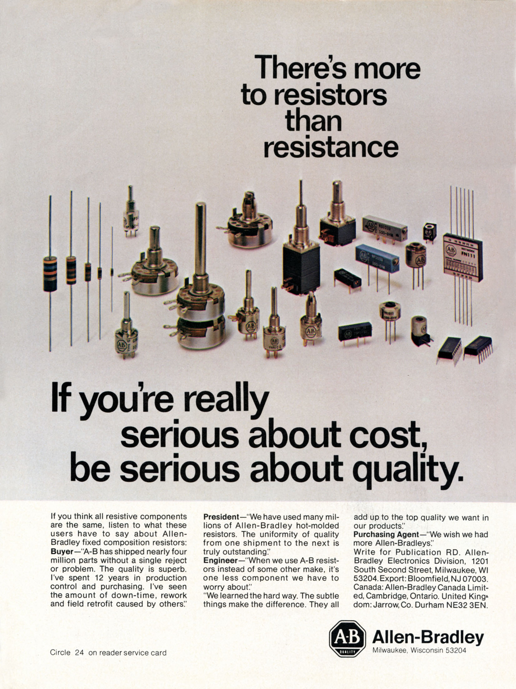 Figure 3 — A 1974 Allen-Bradley advertisement for hot-moulded carbon-composition resistors. From the 1930s through the vacuum-tube age these little moulded cylinders were the default resistor of th…