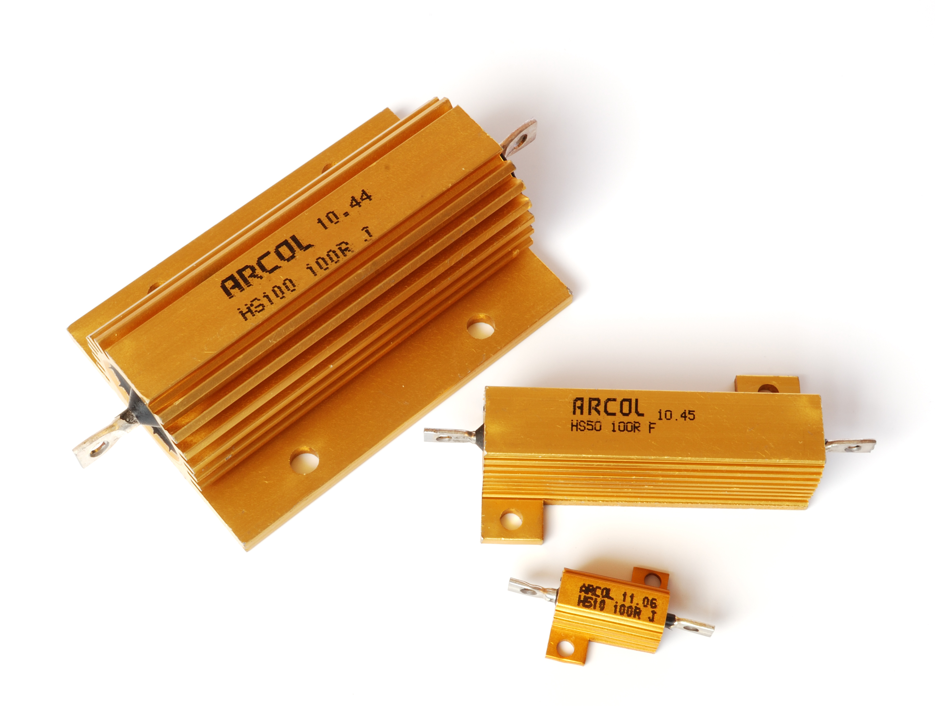 Figure 6 — Aluminum-clad (aluminum-housed) power wirewound resistors. The resistance wire and its ceramic core are potted inside a finned, anodized aluminum case with solder-lug terminals and mount…
