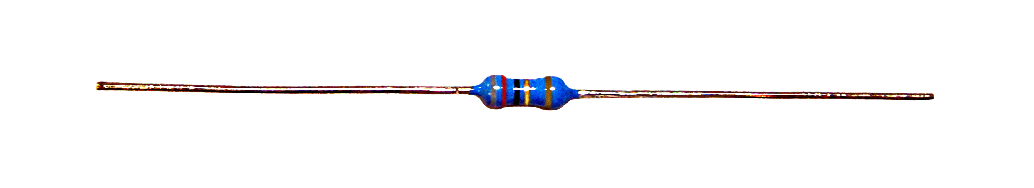 Figure 6 — A real metal-film axial resistor: the slim blue-bodied part with a five-band code (here 82 Ω, ±1%) that is the modern through-hole precision standard. The nichrome film and its helical t…