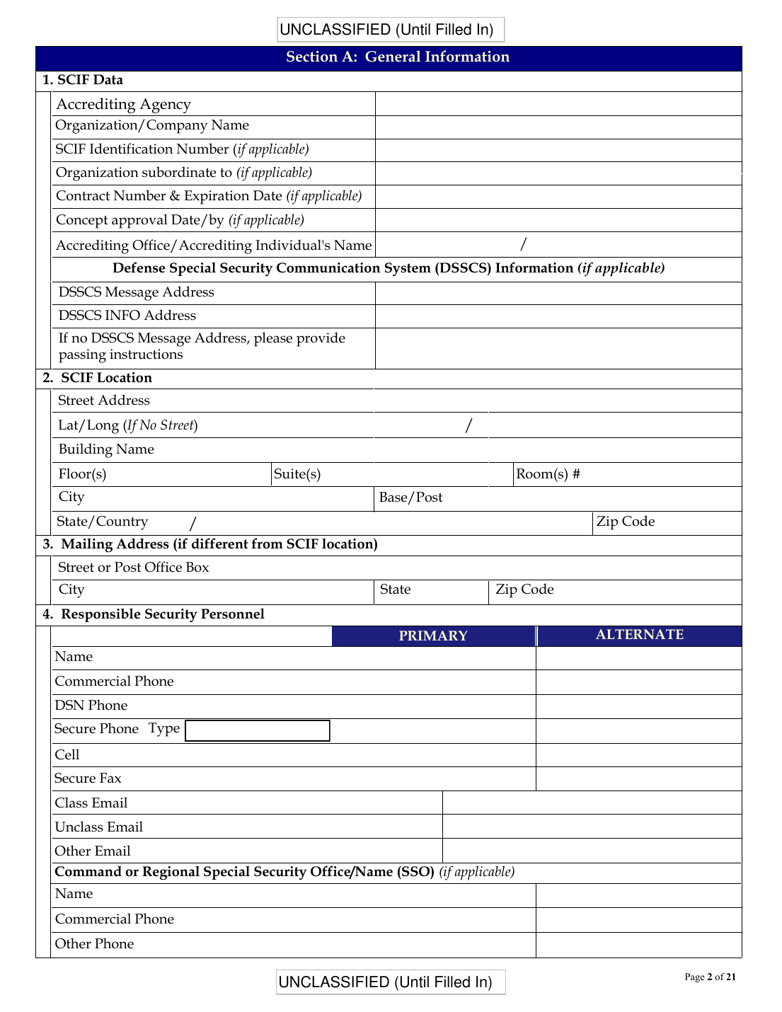 Figure 8 — The opening of the SCIF Fixed Facility Checklist (Section A, General Information): accrediting agency, SCIF identification, concept-approval date, location, and responsible security pers…