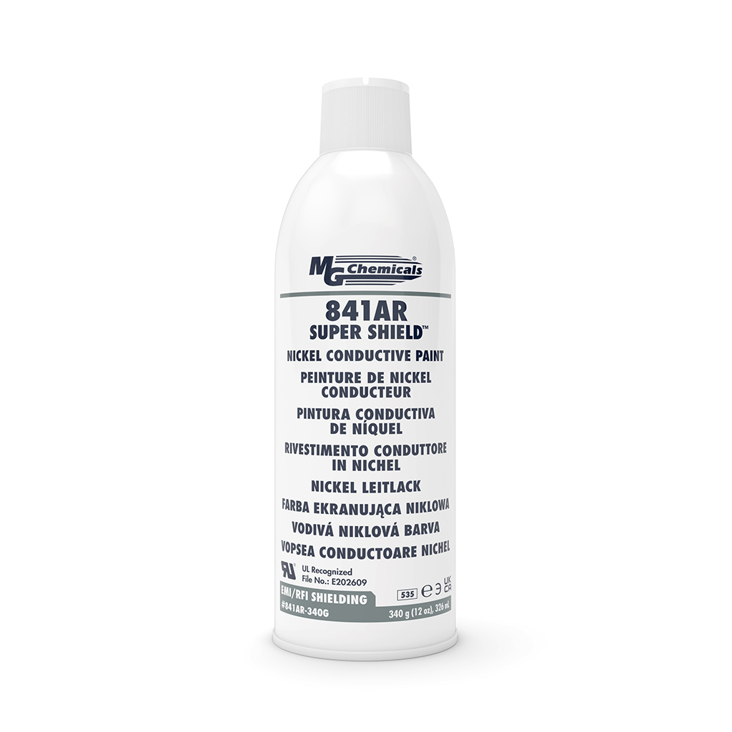 Figure 5 — Nickel conductive shielding paint (MG Chemicals 841 Super Shield). The published figure — roughly 50 dB per 1.5-mil coat over 10 MHz–18 GHz — is real but easy to misuse: the paint's surf…