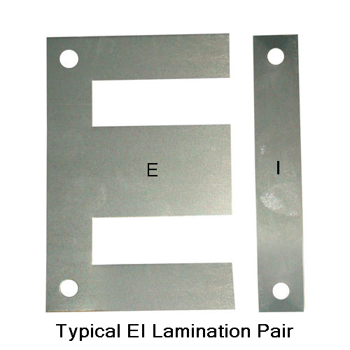 Figure 3 — E and I laminations, the two mating pieces of a stacked core. The three-legged E carries the windings on its centre leg; the I bar closes the magnetic path. Interleaving alternates which…