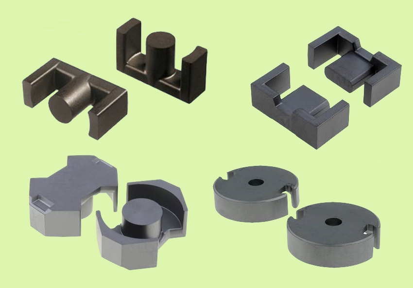 Figure 6 — A selection of moulded ferrite core shapes — pot cores, E-cores, and toroids — of the kind used for switch-mode and RF transformers. Source: photograph by Elcap, Wikimedia Commons, CC0.