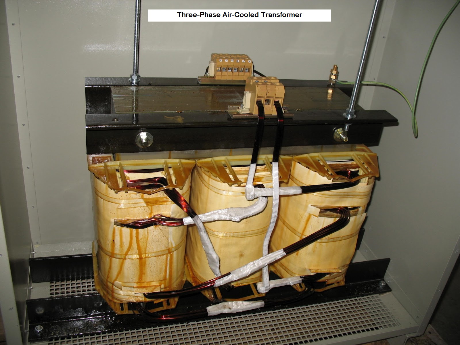 Figure 9 — The core-and-coil assembly of a three-phase dry-type power transformer: laminated silicon-steel legs carrying the concentric primary and secondary windings, the ideas of this volume at f…